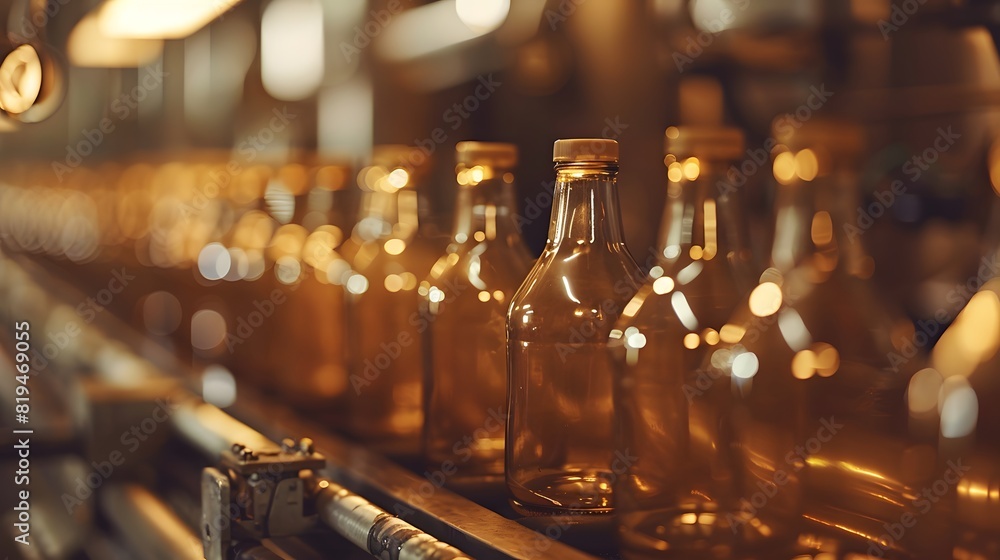 Close up of glass milk bottles on the production line, in a light brown and beige style, with minimal editing of the original text.
Close up of glass milk bottles on the production line, in a light brown and beige style, with minimal editing of the original text.