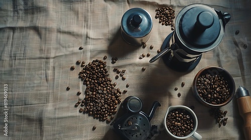 Rustic Coffee Time - Aesthetic Flat Lay of Coffee Beans and Accessories on Textured Tablecloth photo