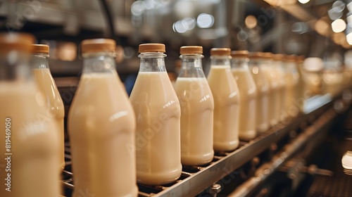 Close up of glass milk bottles on the production line, in a light brown and beige style, with minimal editing of the original text.

