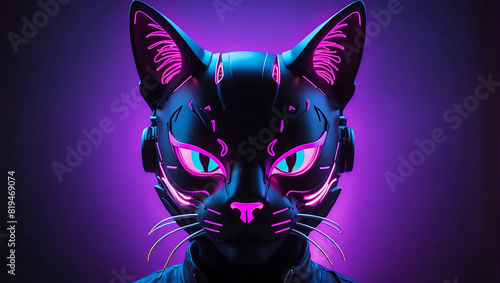 A futuristic cat wear helmet glows with vibrant purple neon lights and the helmet covers the entire head, it is set against a dark purple background, enhancing the striking neon effects
