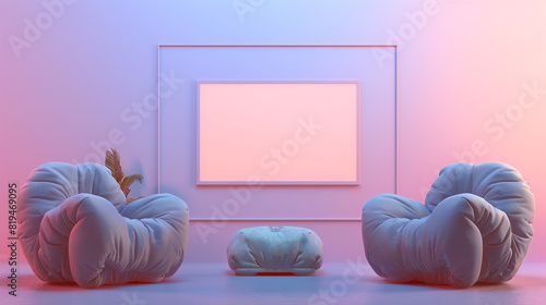 A cozy talk show set with plush fabric chairs and a blank TV screen on a soft pastel-colored wall, with gentle, diffused lighting creating a relaxed atmosphere.