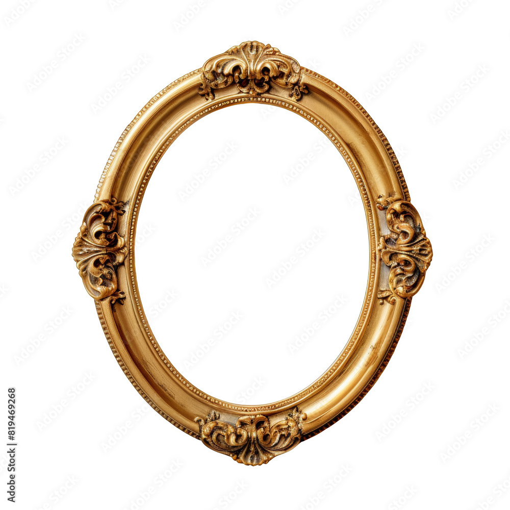 Golden oval picture frame with decorative elements on transparent background, png. Golden oval picture frame with decorative elements on transparent background, png.