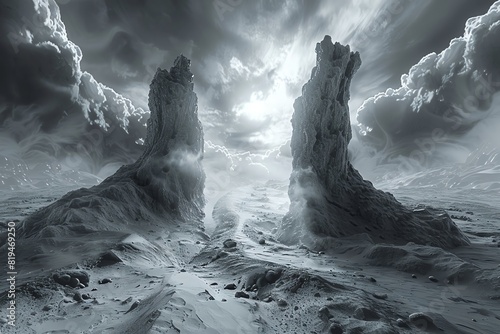 Dimensional rift opening in a beautiful alien landscape, front view, Rift of wonder, futuristic tone, black and white photo