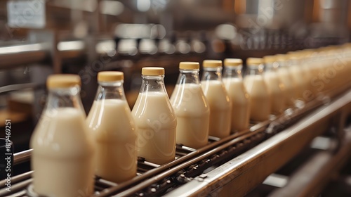 Close up of glass milk bottles on the production line  in a light brown and beige style  with minimal editing of the original text. 