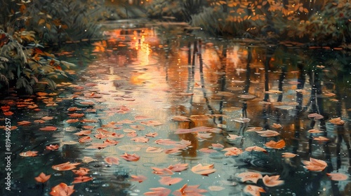 Quiet river with floating leaves  sunset colors  soft reflections  impressionist  side angle   Stable Diffusion