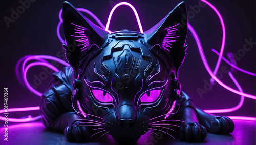 A futuristic cat wear helmet glows with vibrant purple neon lights and the helmet covers the entire head  it is set against a dark purple background  enhancing the striking neon effects