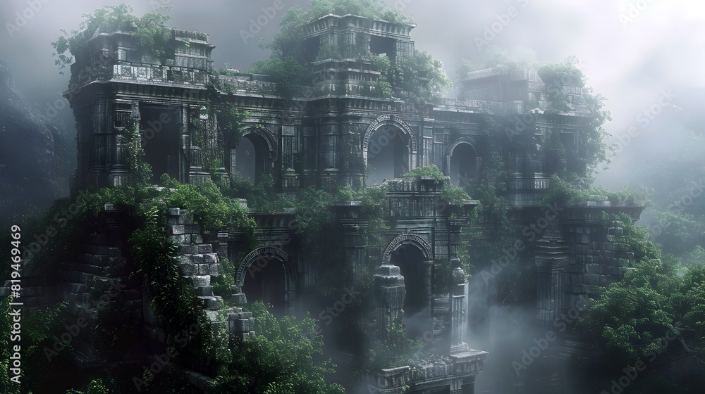 Obraz premium Towering Crumbling Ruins Shrouded in Mystical Fog:A Captivating Fantasy Landscape of Historic Architecture and Atmospheric Charm