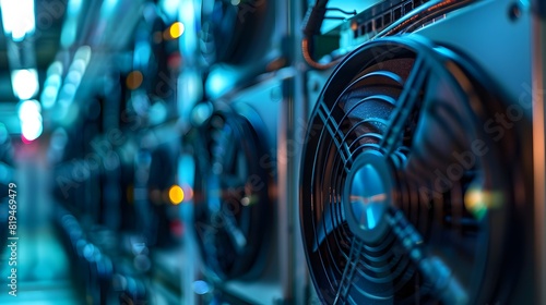 Closeup of fans in an interior data center, symbolizing the cool air flow. precise temperature control and energy efficiency in a high-tech environment. 