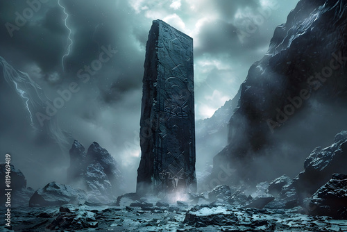 Towering Cthonic Monolith Etched with Eldritch Sigils Emanates a Haunting Stygian Presence from the Underworld's Depths in a Grim,Tartarus-like Realm photo