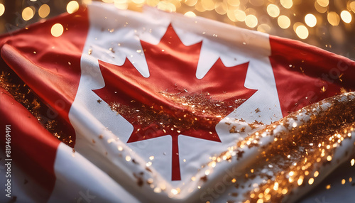 Close-up of wrinkled wavy shiny Canadian flag cloth with splashes of golden glitter with tiny bokeh lights. Canada and Victoria's Day celebration and national festive party holiday background. photo