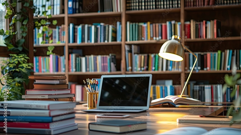 Library desk with books and laptop representing education technology and e learning