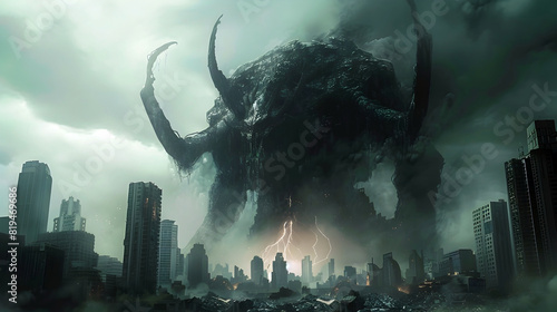 Towering Horned Abomination Unleashes Searing Energy upon Devastated Futuristic City photo