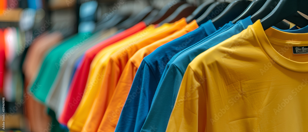 colorful T-shirts on the standing hanger in clothing store