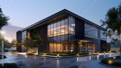 Exterior architectural rendering of an industrial building with one side covered in black timber cladding, the other half is glass and metal.  © horizon