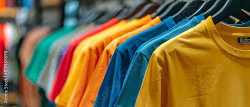 colorful T-shirts on the standing hanger in clothing store