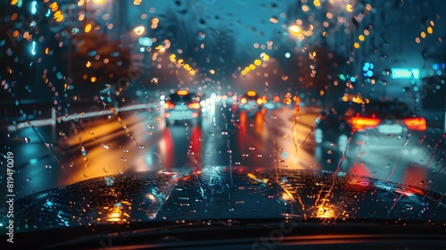 In the foreground is an empty car windshield  on which we can see cars driving in traffic far away. it looks dark with street lights shining through raindrops falling from above. 