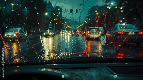 In the foreground is an empty car windshield, on which we can see cars driving in traffic far away. it looks dark with street lights shining through raindrops falling from above. 