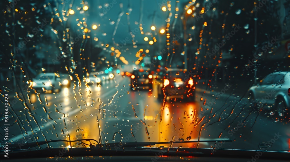 Fototapeta premium In the foreground is an empty car windshield, on which we can see cars driving in traffic far away. it looks dark with street lights shining through raindrops falling from above.