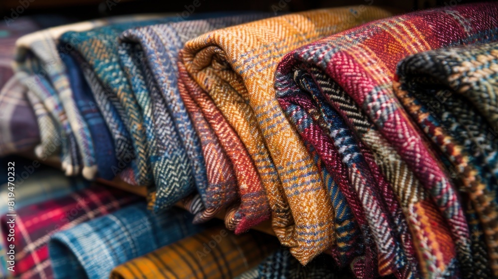 A stack of plaid and multicolored blankets A stack of plaid and multicolored blankets