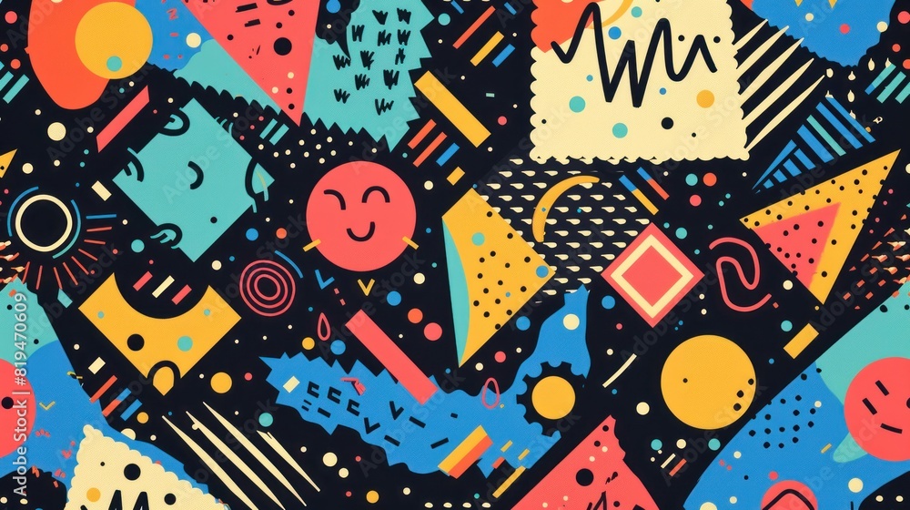 A colorful, abstract design with many shapes and patterns A colorful, abstract design with many shapes and patterns