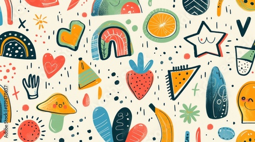 A colorful and whimsical drawing of various fruits and vegetables