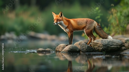 Glorious Beautiful red fox standing on a few stones over the water surface