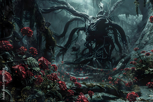 Twisted Eldritch Landscape of Primal Cryptic Flora and Fauna in Hades-Inspired Sinister Tableau
