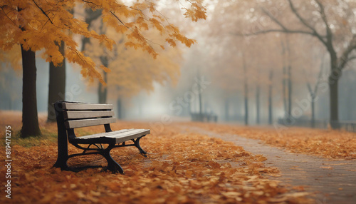 Picturesque Autumn Park Scene with Fallen Leaves and Wooden Bench