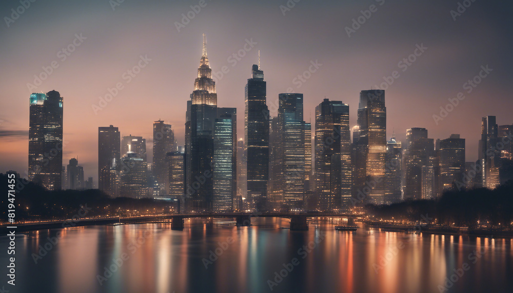 Cityscape with Illuminated Skyscrapers at Dusk Reflecting in River