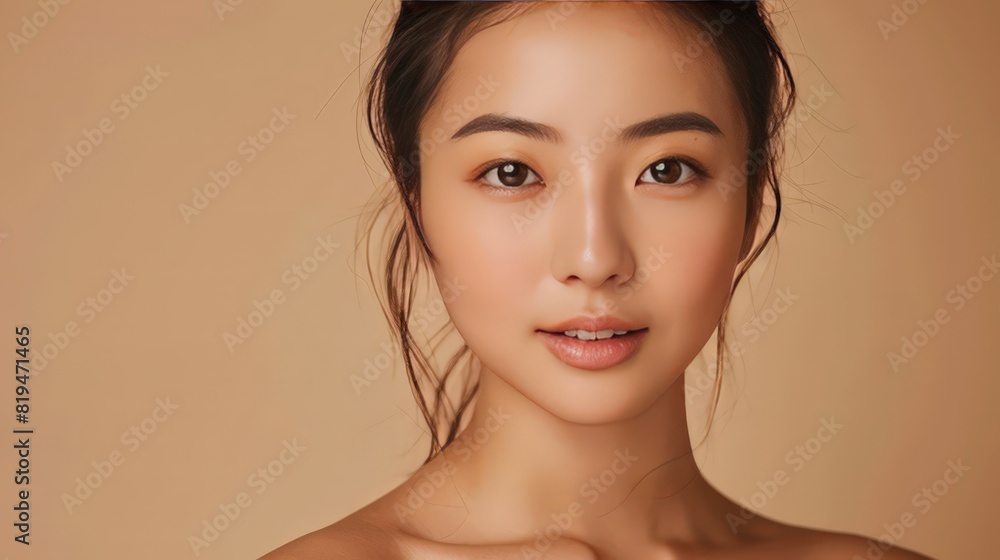 A beautiful young Asian woman with clean, fresh skin on a beige background. Her radiant complexion highlights the importance of face care, facial treatments, and cosmetology. Perfect for beauty A beautiful young Asian woman with clean, fresh skin on a beige background. Her radiant complexion highlights the importance of face care, facial treatments, and cosmetology. Perfect for beauty
