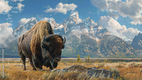 Eyecatching Bison in front of Grand Teton Mountain range with grass in foreground photo