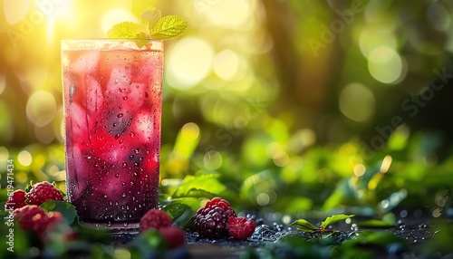 Mixed berry juice with ice, capturing the concept of cool refreshment, selective focus on the condensation on the glass, picnic theme, vibrant, Silhouette, in a lush green park photo