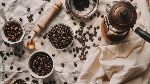 Rustic Coffee Lover's Delight - Creative flat lay of coffee beans, French press, grinder, and accessories on textured tablecloth for cozy caffeine bliss photo