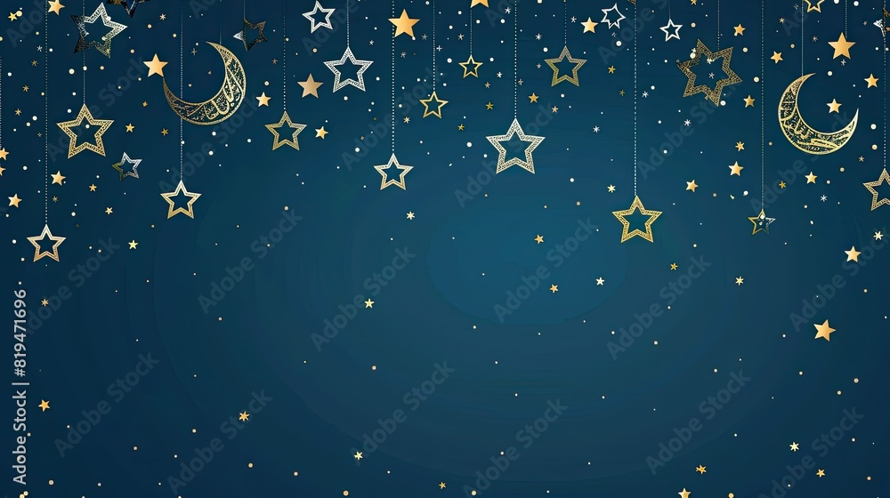 stars and crescents minimalist Islamic ornament over dark blue background. Backdrop with copy space stars and crescents minimalist Islamic ornament over dark blue background. Backdrop with copy space