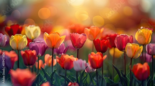 Artistic watercolor rendition of a sunlit field of tulips in shades of red  orange  yellow  and purple 