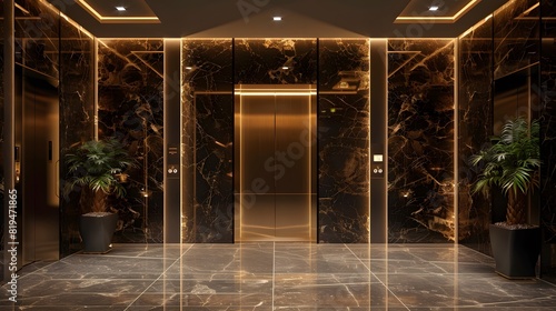 The resort hotel hall elevator entrance had dark brown marble walls with gold highlights and white floor tiles. 