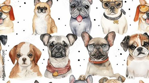 smiling cute funny 5 different dogs, watercolor illustration, one dog is wearing glassess, one dog is wearing a scaft, one dog is playing with bone  photo