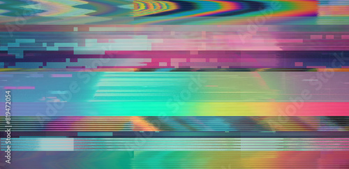 Vaporwave style background with glitch art effect and holographic pixelated flickers. Concept of bug in program or video decay.