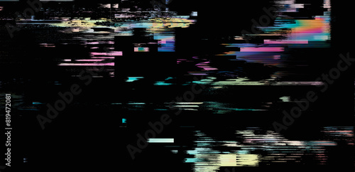Dark background with glitchy lines and pixels. The concept of a TV screen playing a ruined VHS tape.