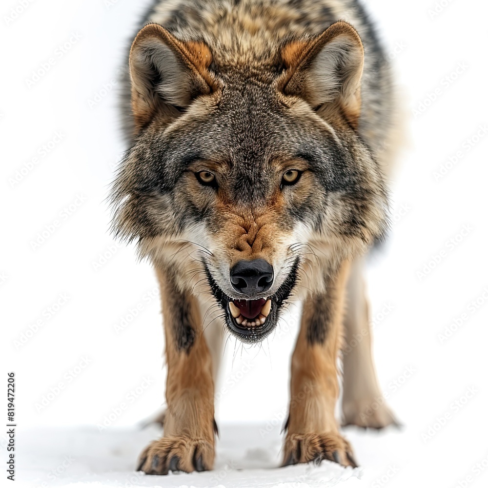 snarling standing full body wolf, highly detailed, realistic, raw, , isolated, white background 
