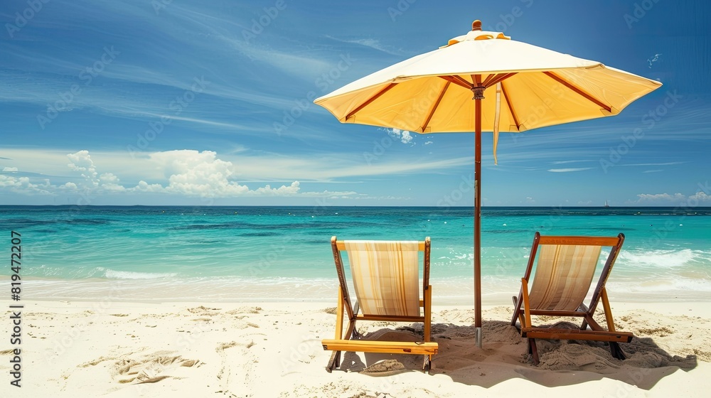 Beach umbrella with two chairs on the sand. summer travel vacation background with copy space Beach umbrella with two chairs on the sand. summer travel vacation background with copy space
