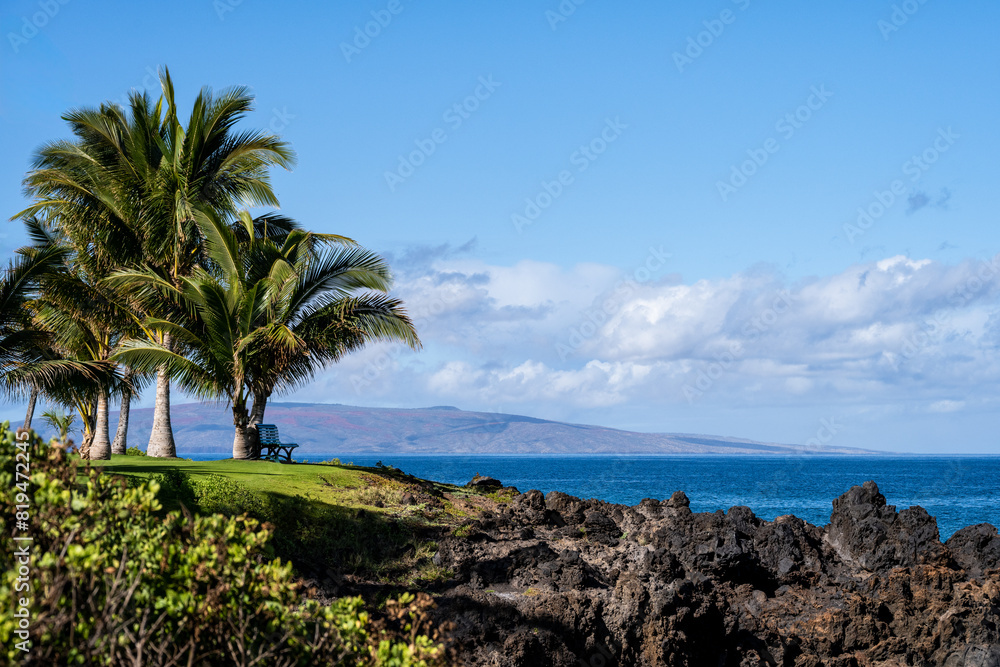 Cool blues of the Pacific Ocean and blue sky on the rugged lava rock coastline of Maui’s tropical paradise with palm trees and a bench for contemplation
