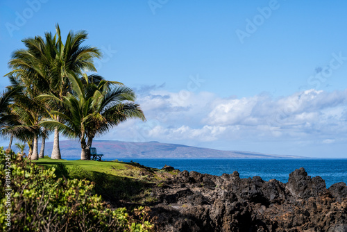 Cool blues of the Pacific Ocean and blue sky on the rugged lava rock coastline of Maui’s tropical paradise with palm trees and a bench for contemplation 