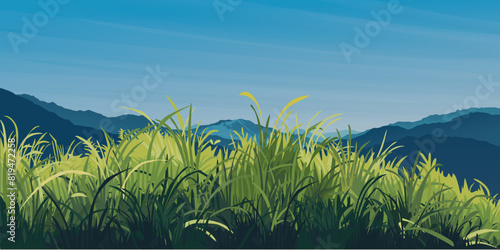 Glass field and mountain ranges spring season flat design graphic illustration. Environment concept template have blank space.