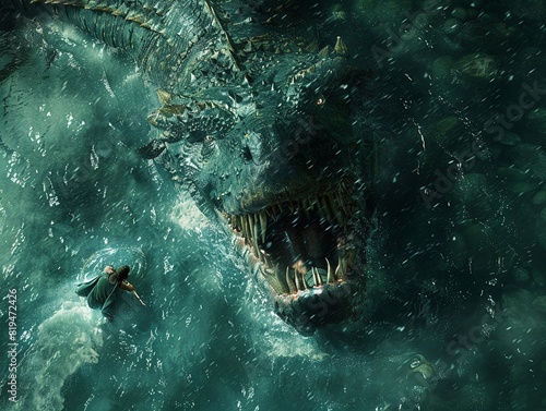 Aerial perspective of Beowulf diving into the mere to face Grendel s mother, dark waters , hyper detailed photo