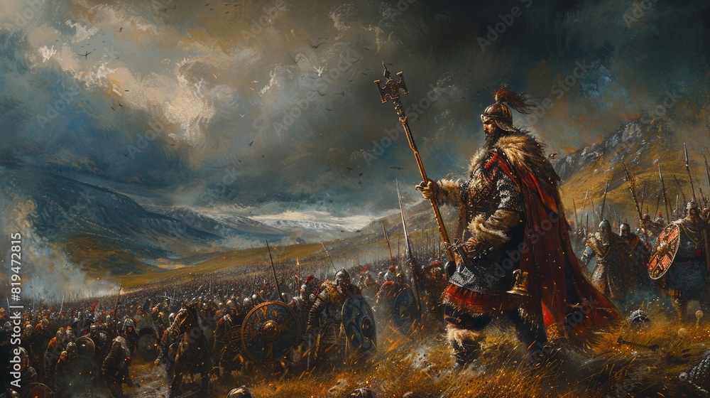 Skyhigh shot of Cu Chulainn in battle fury at the plains of Ulster , hyper detailed