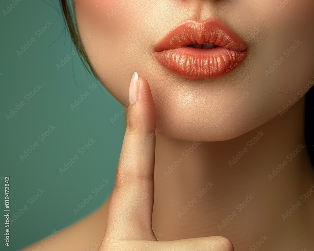 Obraz premium Close-up of woman with finger on lips, signaling silence. Focus on lips with soft lighting and green background.