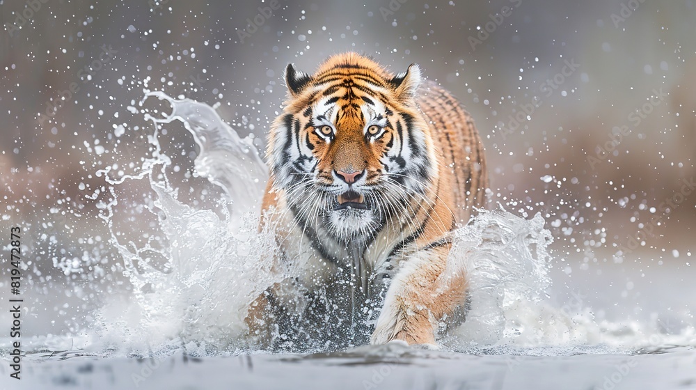 magnificent Siberian tiger, Panthera tigris altaica, low angle photo direct face view, running
