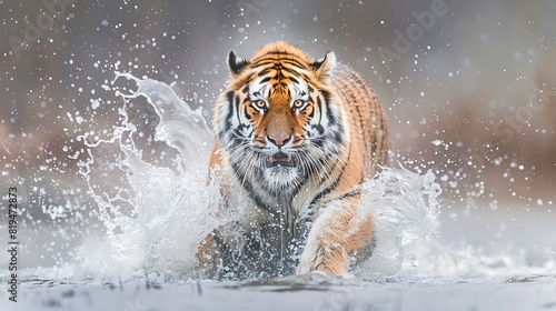 magnificent Siberian tiger, Panthera tigris altaica, low angle photo direct face view, running photo