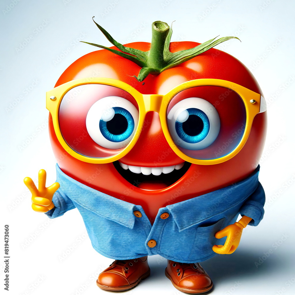 Fototapeta premium Tomato wearing blue dress and yellow frame glasses giving toothy smile and looking with wide eyes open. Tomato character with big eyes and having toothy smile. Cute red vegetable character.